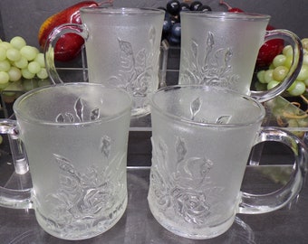 2309 Embossed Flora 4" Mugs Textured Tempered Glass Vintage 4 pc Set