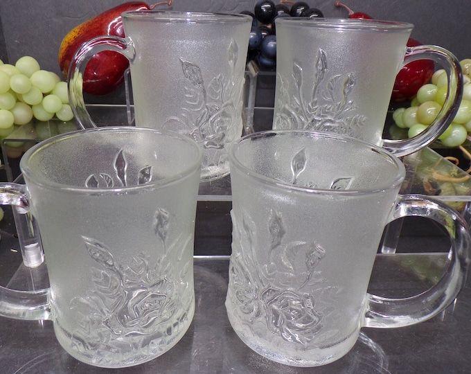 2309 Embossed Flora 4" Cups / Mugs Textured Tempered Glass Vintage 4 pc Set Made in Indonesia - Some Wear No Chips or Cracks