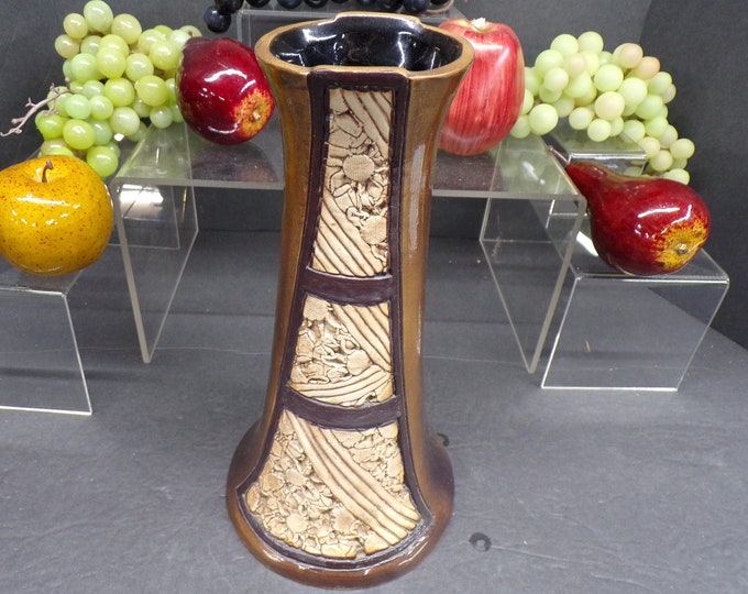 2304 Tenmoku Pottery 10.75" Vase Hand Painted handcrafted Malaysia Vintage art pottery #TM82-E - Great Condition