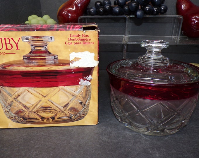 2311 Ruby 5.5" Glass Candy Dish with Lid Clear with Ruby Flash - New in Open Box