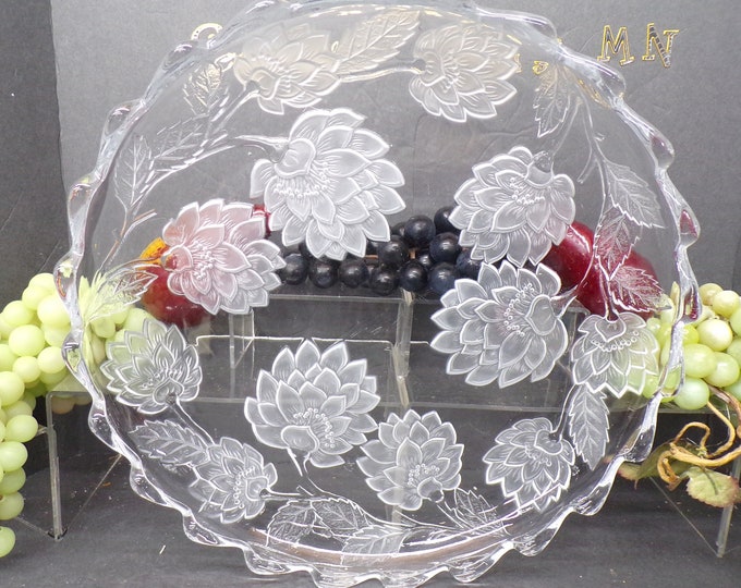 2309 Crystal Clear Studios 13" Round Chrysanthemum Platter Frosted Floral Glass Vintage Serving Platter Raised Rim - Good Condition