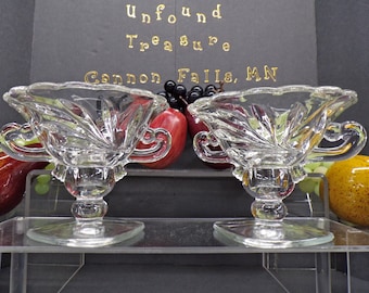 2301 Double Handle Footed Clear Glass Taper Candle Holders Vintage 4.5" Wide x 4" Tall Set of 2 - Good Condition No Chips or Cracks