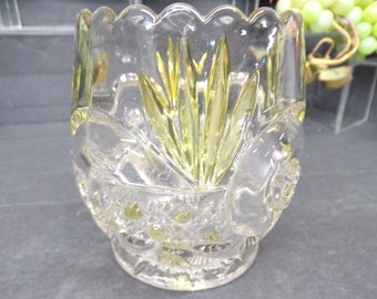 2305 Clear Glass Vase / Candle Holder - Yellow Amber Stained Accents Beautiful Vintage 4.5"