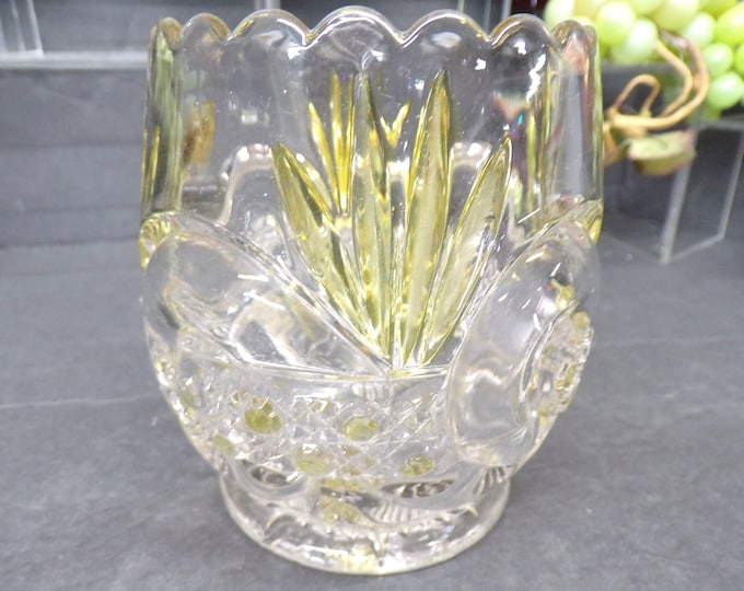 2305 Clear Glass Vase / Candle Holder - Yellow Amber Stained Accents Beautiful Vintage 4.5"- Good Condition No Chips or Cracks