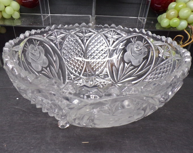 2309 American Brilliant 8.5" Cut Crystal Bowl with Etched Flowers and Diamond Point - Sawtooth Rim - Excellent Condition