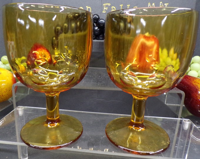 2303 Bartlett Collins Glass Amber Stemmed Footed Thumbprint Glasses 6.25" Set of 2 - Good Condition