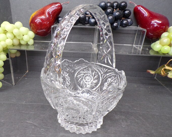 2309 Hobstar & Pinwheel Pattern Vintage Clear Glass Basket with Handle 8" Tall x 5.5" Wide - Good Condition No Chips or Cracks