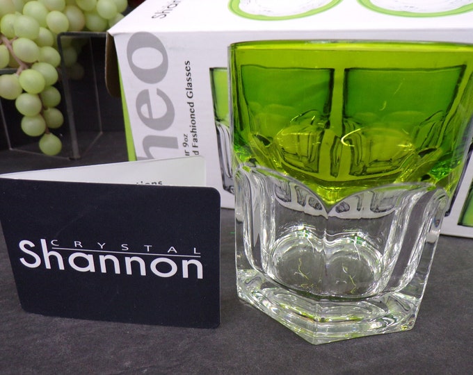2312 Godinger Shannon Crystal 4" Vintage Set of 4 Theo Lime Green Double Old Fashioned Glasses - New in Box