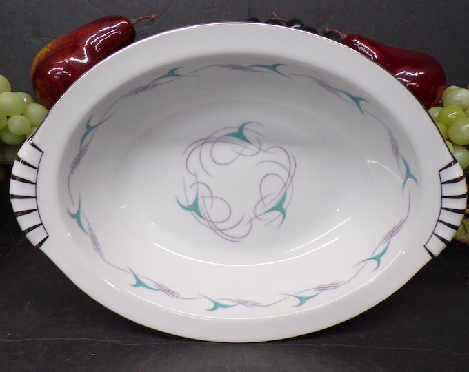2307 Kent China Flair 11" x 8" Vintage Oval Serving Bowl - Teal & Gray - Platinum Rim - Good Condition No Chips or Cracks