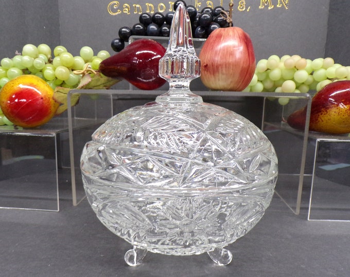 2303 Footed Daisy & Leaf Candy Dish with Steeple Lid Vintage 8" Tall x 6.75" Wide Thick Heavy Glass- Good Condition No Chips or Cracks