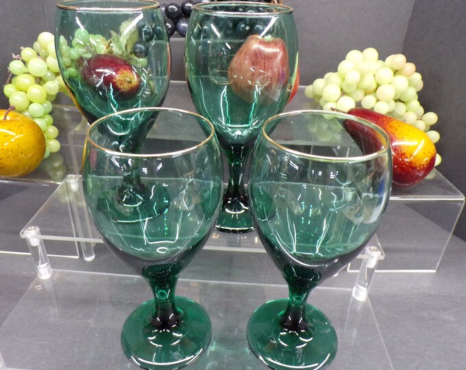 2304 Libbey Glass 7" Juniper Green Teardrop Set of 4 Stemmed Footed Glasses with Gold Rim - Good Condition No Chips or Cracks