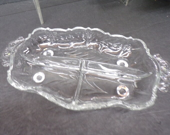 2305 Double handle Footed Divided Relish Dish- Etched Floral Pattern Beautiful Vintage 9" x 5.5" Clear Glass - Good Condition