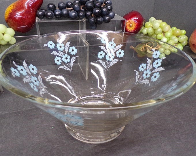 2312 Anchor Hocking Vintage 10.5" Serving Bowl with Blue & Gray Flowers - Great Condition