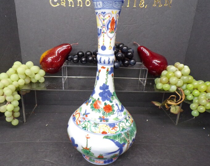 2309 Hand-Made Chinese Porcelain Vase 12" Vintage - Ducks, Birds, Blue Green Red Floral - Great Condition