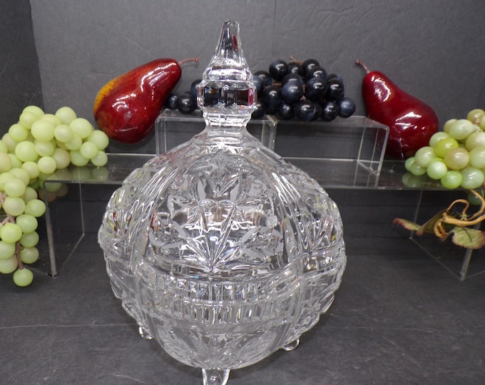 2311 Candy Dish & Finial lid Vintage Footed 4 Lobe 24% Lead Crystal Etched Floral 6" Wide x 9" Tall with Steeple Lid - Chip inside Lid