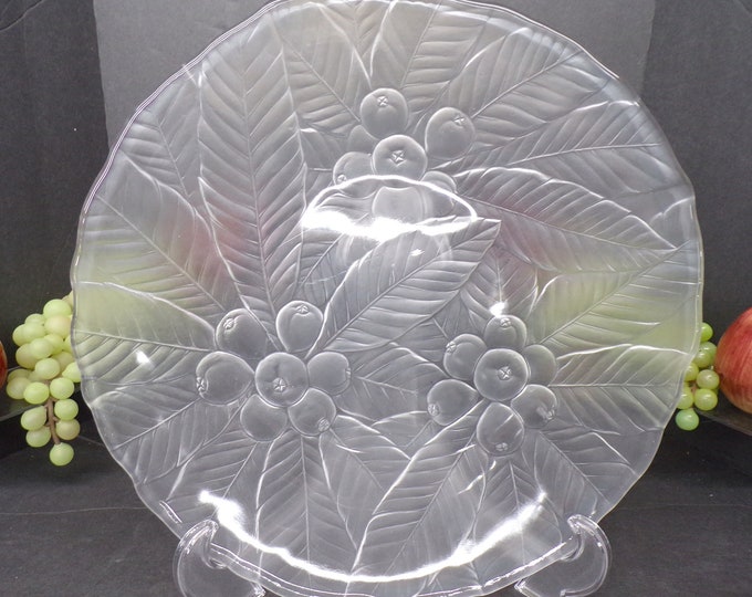 2305 Frosted Embossed Grape & Leaf Textured Glass 14" Centerpiece Bowl - Good Condition No Chips or Cracks
