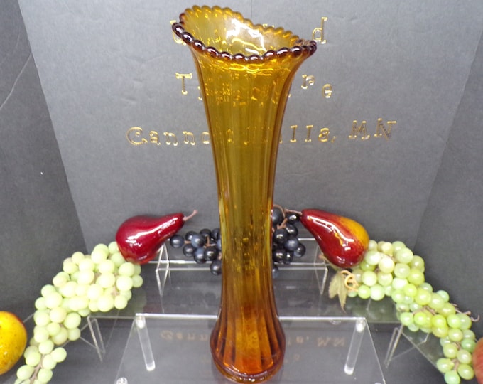 2305 Ribbed Amber Glass Footed Stretch Vase Vintage 14.5" - Good Condition No Chips No Cracks - Couple Air Bubbles in Glass