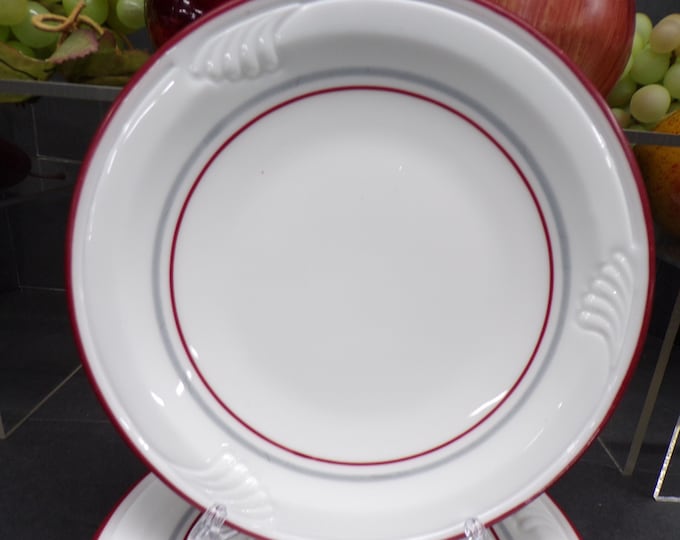 2501 Corelle Pyroceram Embossed 6.25" Bread Plates Vintage Set of 4 Red & Gray Stripe Red Edge - Like New