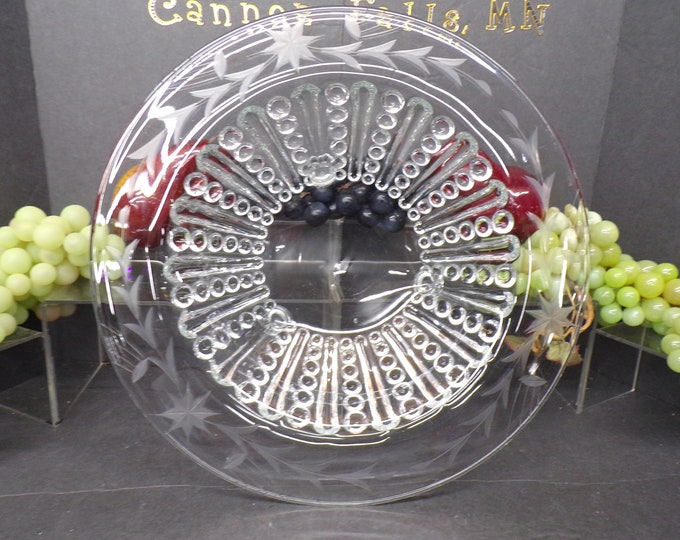 2306 Beaded Panel Etched Floral 12" Footed Glass Vintage Centerpiece Bowl - Good Condition Tiny Bubble in Glass