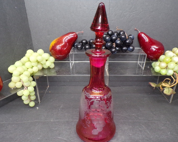 2310 Cranberry to Clear Glass Grape pattern Vintage Decanter Bottle 11.25" with Stopper - 8" without - Good Condition No Chips or Cracks