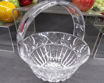 2304 Tulip Pattern Vintage Clear Crystal Basket with Handle 8" Tall