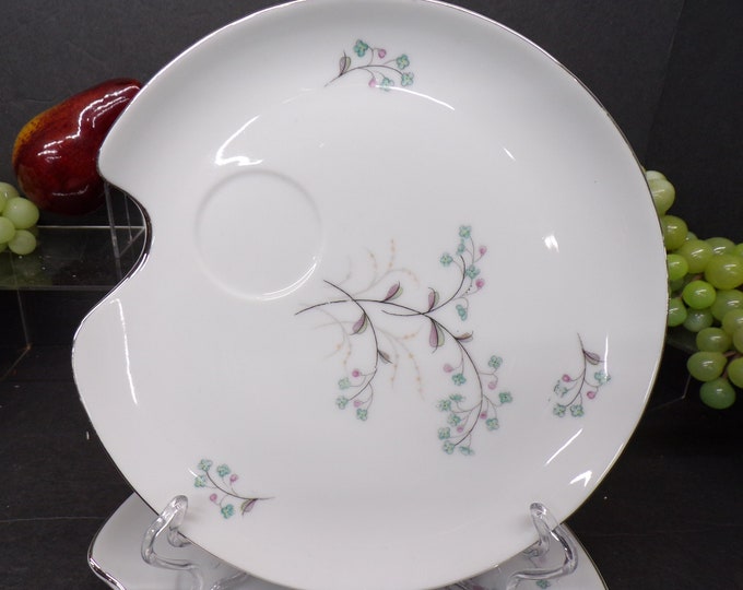 2309 Vintage Set of 3 Unbranded 8.5" Snack Plate w/ Pink & Teal Floral Pattern- Platinum Rim - Good Condition No Chips or Cracks