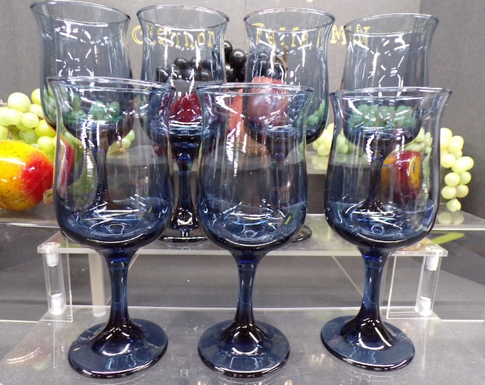 2303 Blue Glass Stemmed Wine / Water Glasses 6.5" Vintage Set of 7 - Good Condition No Chips or Cracks