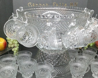 2501 Anchor Hocking Wexford 27 pc Punch Bowl Set- 14"W x 14"T Bowl & Base, 12 Cups, 12 Hooks and Ladle - Great Condition