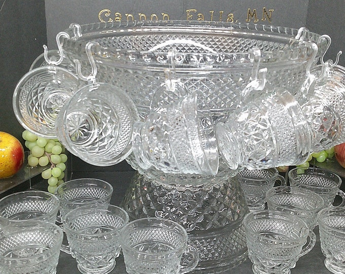 2505 Anchor Hocking Wexford Vintage 27 pc Punch Bowl Set- 14"W x 14"T Bowl & Base, 12 Cups, 12 Hooks and Ladle - Great Condition