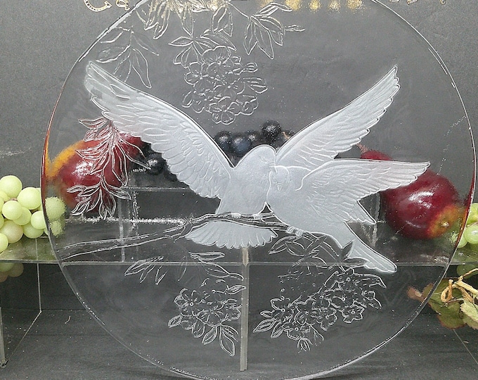 2403 Clear Glass Platter Vintage 13" Serving Tray with Frosted Doves & Etched Flowers - Great Condition
