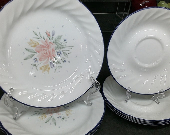 2403 Corelle Promise White Swirl Set of 8 - (4) 7.25" Bread / Dessert Plates & (4) 6.25" Saucers Blue Rim - Good Condition Some Wear