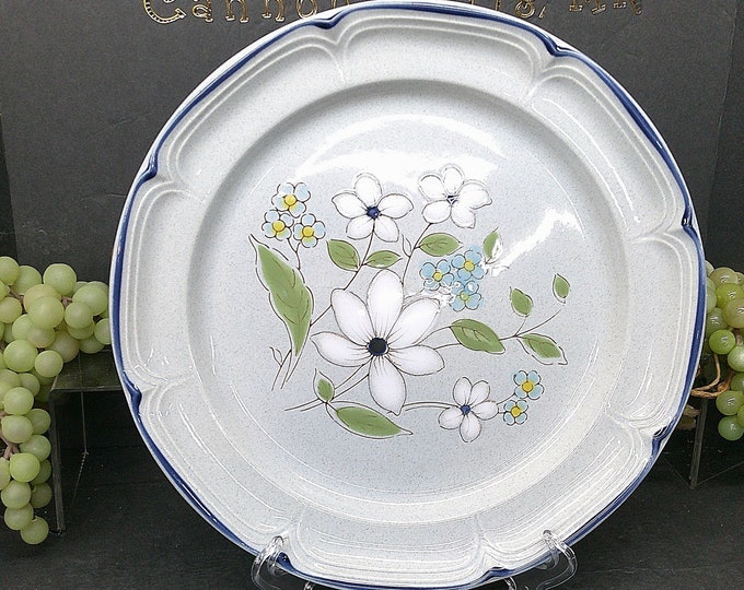 2401 Finesse Stoneware SY7848 Jennifer 12" Vintage Chop Plate Platter Hand Decorated Stoneware Blue Rim & Floral on Grey- Like New Cond.