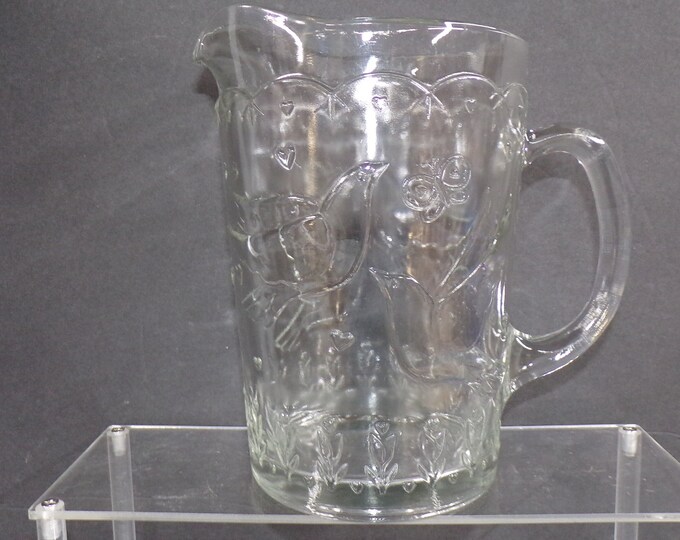 2210 Colony Crafts "Crystal Garden" 8.5" Tall 68 oz Glass Pitcher - Embossed Birds, Butterflies, Flowers - No Chips or Cracks