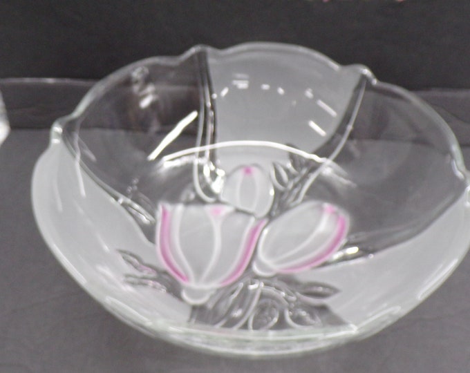 2212 Panelled Serving Bowl 11" Vintage with Frosted Satin Pink Roses - Small Chip on Rim - No Other Chips or Cracks