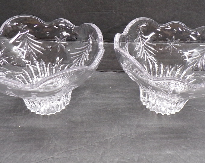 2301 Mikasa 4" Tall x 6" Wide 24% Lead Crystal Candy Bowl / Candle Holder Vintage Set of 2 - Christmas Pine Trees - Good Condition