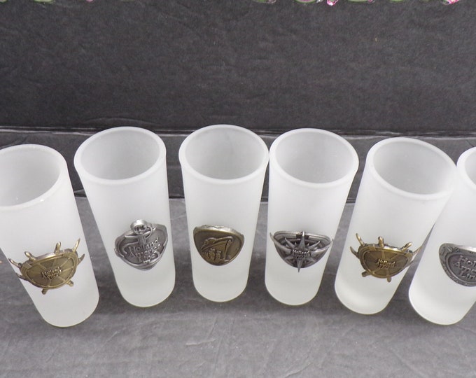 2212 Holland America Line Frosted Cordial Shot Glasses w/ Nautical Designs Set of 6 - Great Condition No Chips or Cracks