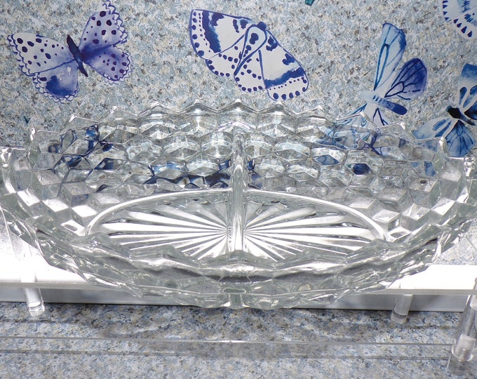 2207 Indiana Glass American Whitehall Clear Cubist Vintage 10" x 7" Divided Dish - Good Condition No Chips or Cracks