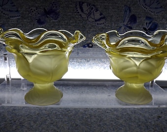 Viking Glass Yellow Footed Frosted Cabbage Leaf Pair 5.5" W x 4" T Compote Candy Dish / Candle Holder- No Chips or Cracks