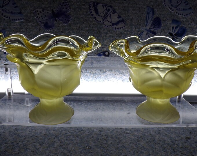 2210 Viking Glass Yellow Footed Frosted Cabbage Leaf Pair 5.5" W x 4" T Compote Candy Dish / Candle Holder- No Chips or Cracks