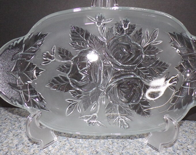 2209 KIG Glass Frosted Satin Serving Tray platter with Embossed Roses 14.75" x 8" Vintage Made in Malaysia - No Chips or Cracks