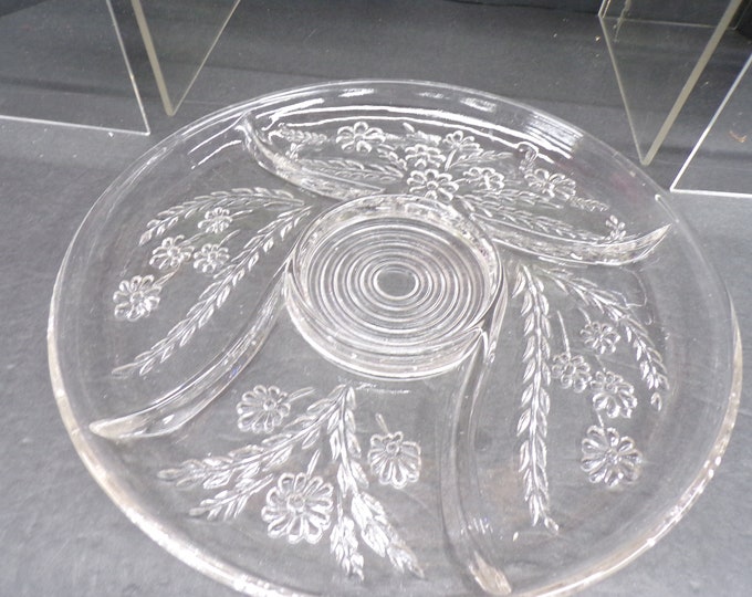 2304 Wheat & Flowers Floral Pattern Vintage 12" Glass Divided Dish Platter Tray - Good Condition No Chips or Cracks