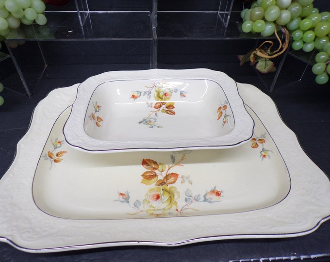 2307 Edwin M. Knowles China Cameo Vintage Pair - 14" Platter & 9" x 7" Bowl - Pretty Good Condition with Some Wear