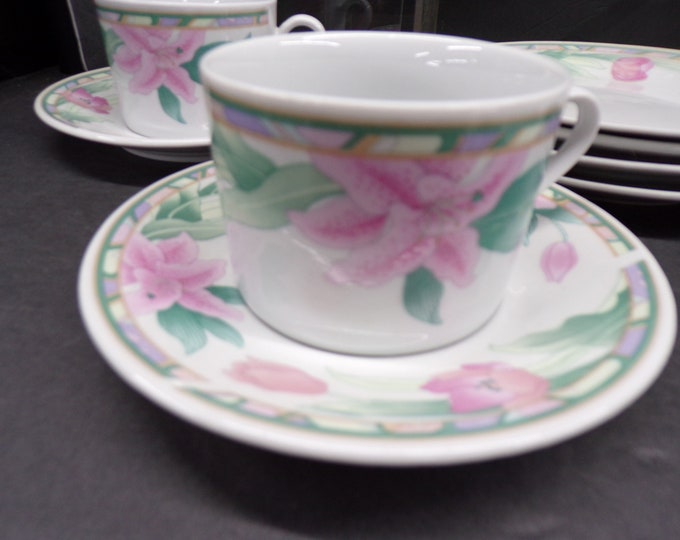 2303 Pagoda China Pink Floral Pattern Set of 12 - 4 Cups, 4 Saucers, 4 Desert Plates - New in Box