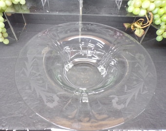 2308 Etched Floral Pattern Vintage Glass Footed Centerpiece Serving Bowl- 11.25" Wide Rim with 6" Wide Bowl in Center