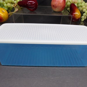 May include: A blue plastic storage container with a white lid. The lid has a textured surface and the container has a ribbed design.