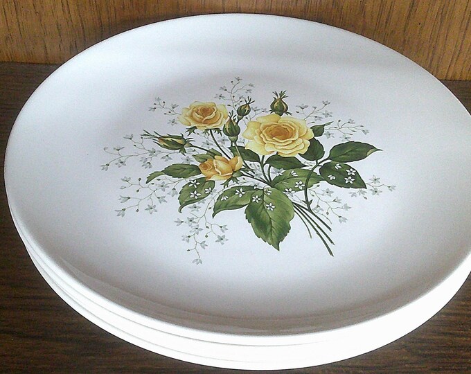 2502 Vintage Cathy Rose Yellow 10.25" Smooth Flat Coupe Plate Set of 4 - Ceramic Pottery - Great Condition