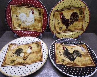 2605 Sakura Retro Rooster Vintage 8.25" Stoneware Lunch / Snack Plates Set of 4