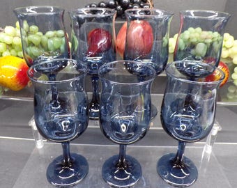 2303 Libbey Dusky Blue Glass Tulip 6.5" Vintage Stemmed Wine / Water Glasses Set of 7