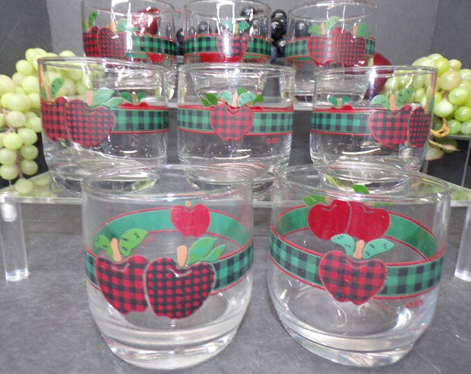 2311 Anchor Glass Applejack Plaid Apple 3" Lowball Tumblers Set of 8 - Good Condition No Chips