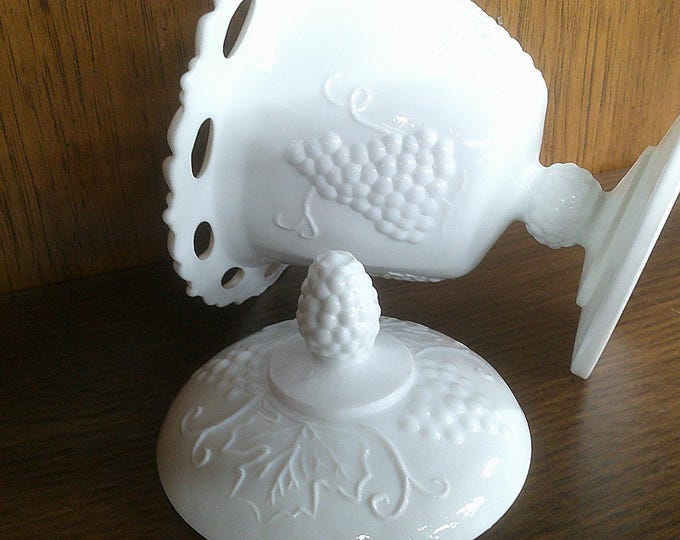 2511 Indiana Glass Colony Milk Glass 7" Grape Harvest Vintage Footed Candy Dish with Lid - Great Condition